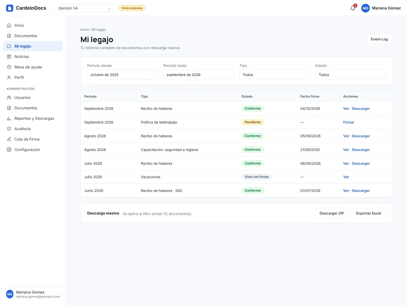 Legajo digital de un empleado en CardeinDocs con historial de documentos