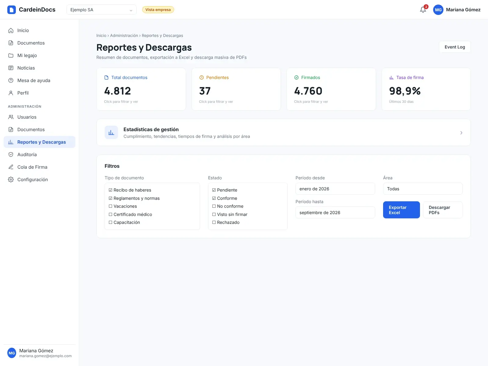 Reportes y descargas de CardeinDocs con totales por estado y filtros