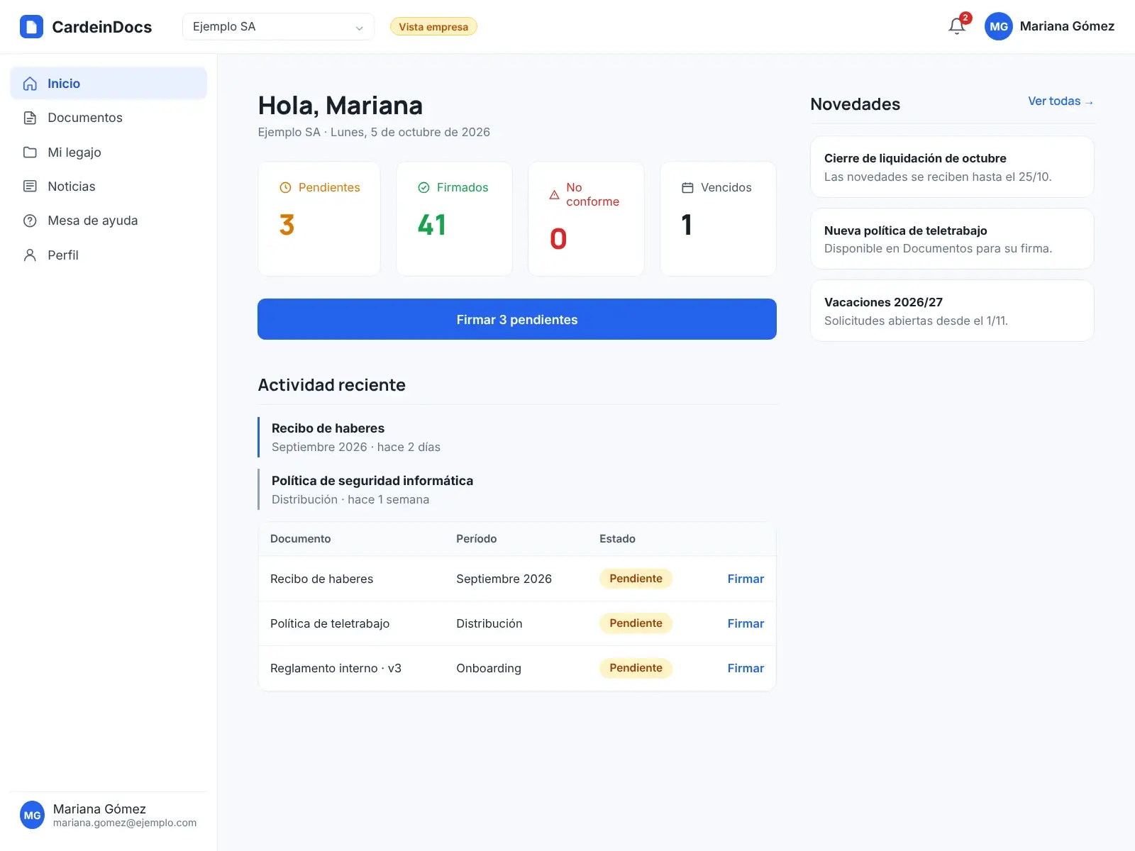 Tablero de CardeinDocs con documentos pendientes y firmados