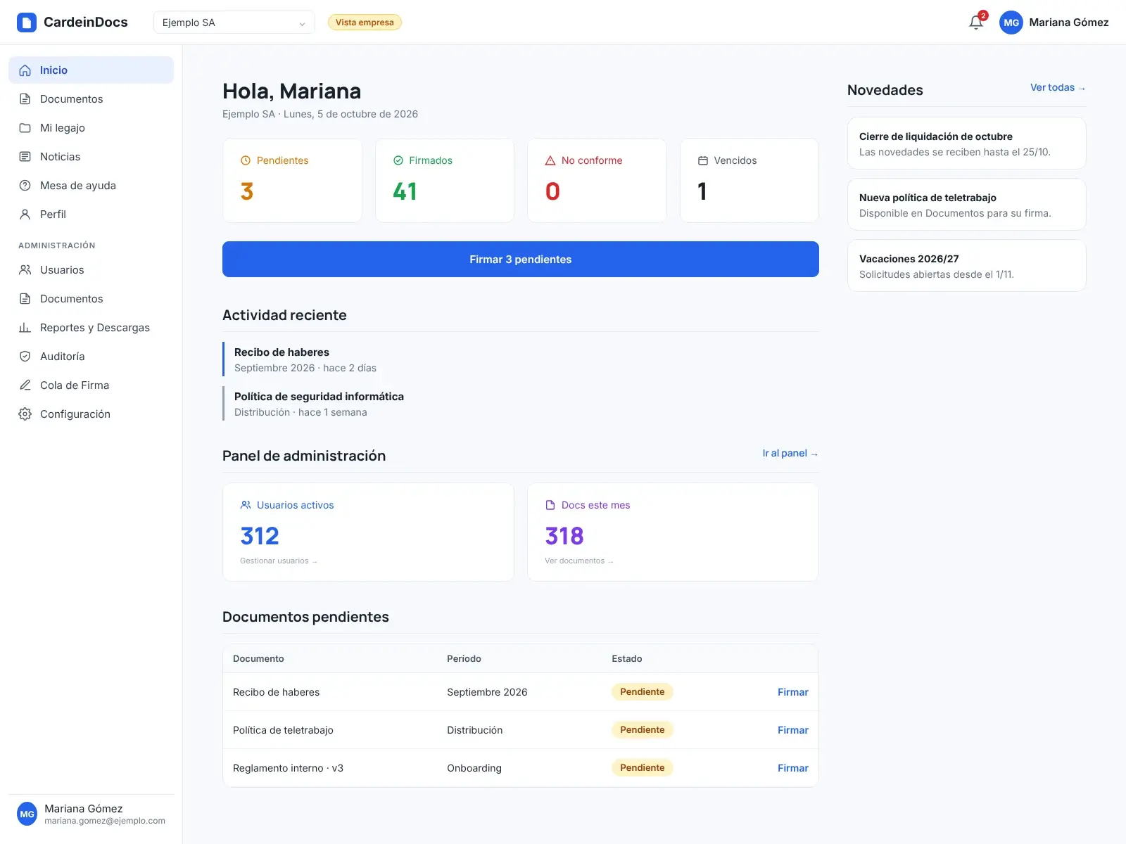 Tablero de inicio de CardeinDocs con documentos pendientes, firmados y actividad reciente