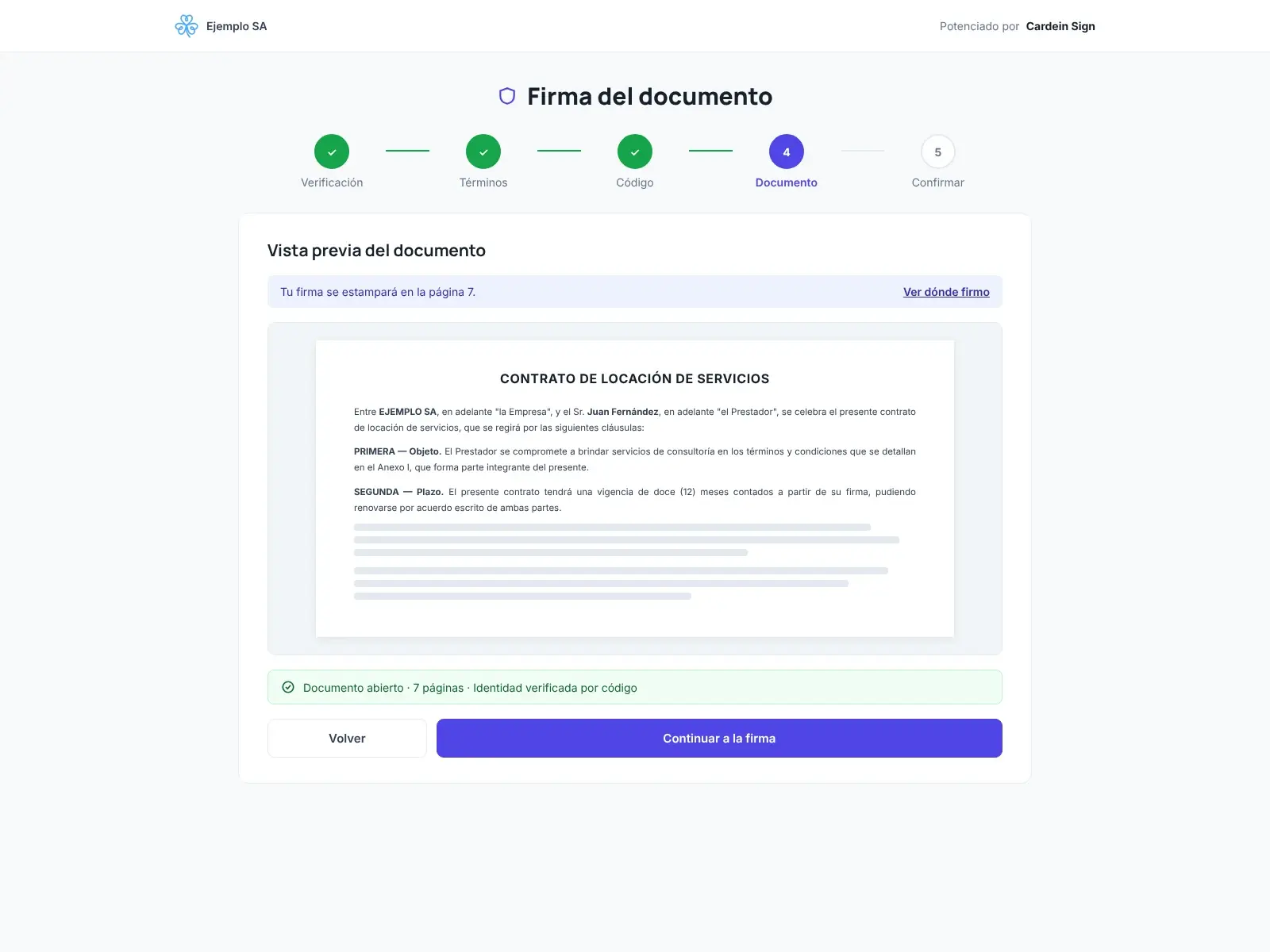 Vista de quien firma en Signflow: documento abierto, identidad verificada por código y botón para continuar a la firma